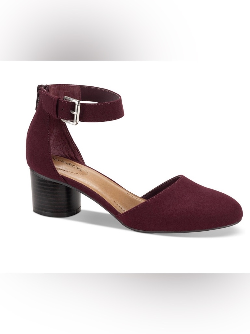 Style & Co. Burgundy Ankle-Strap Low Block Heel Pump 7.5 Synthetic